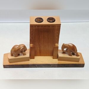 Vtg Hand Carved Wood Elephants Desk Pen Holder